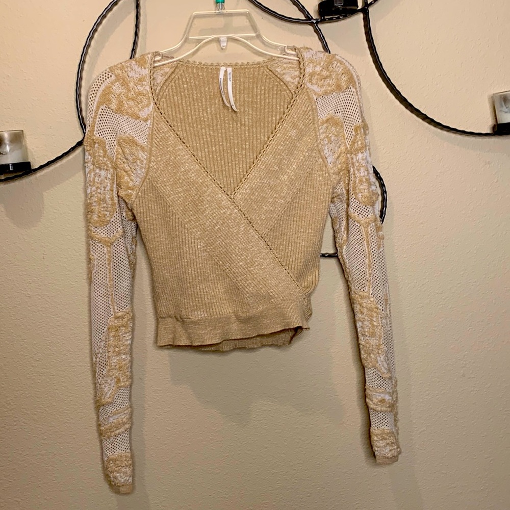 Cropped Lace-Sleeve Surplice Sweater by Anthropologie